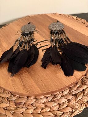 Black Feather Fringe Beaded Drop Earrings
